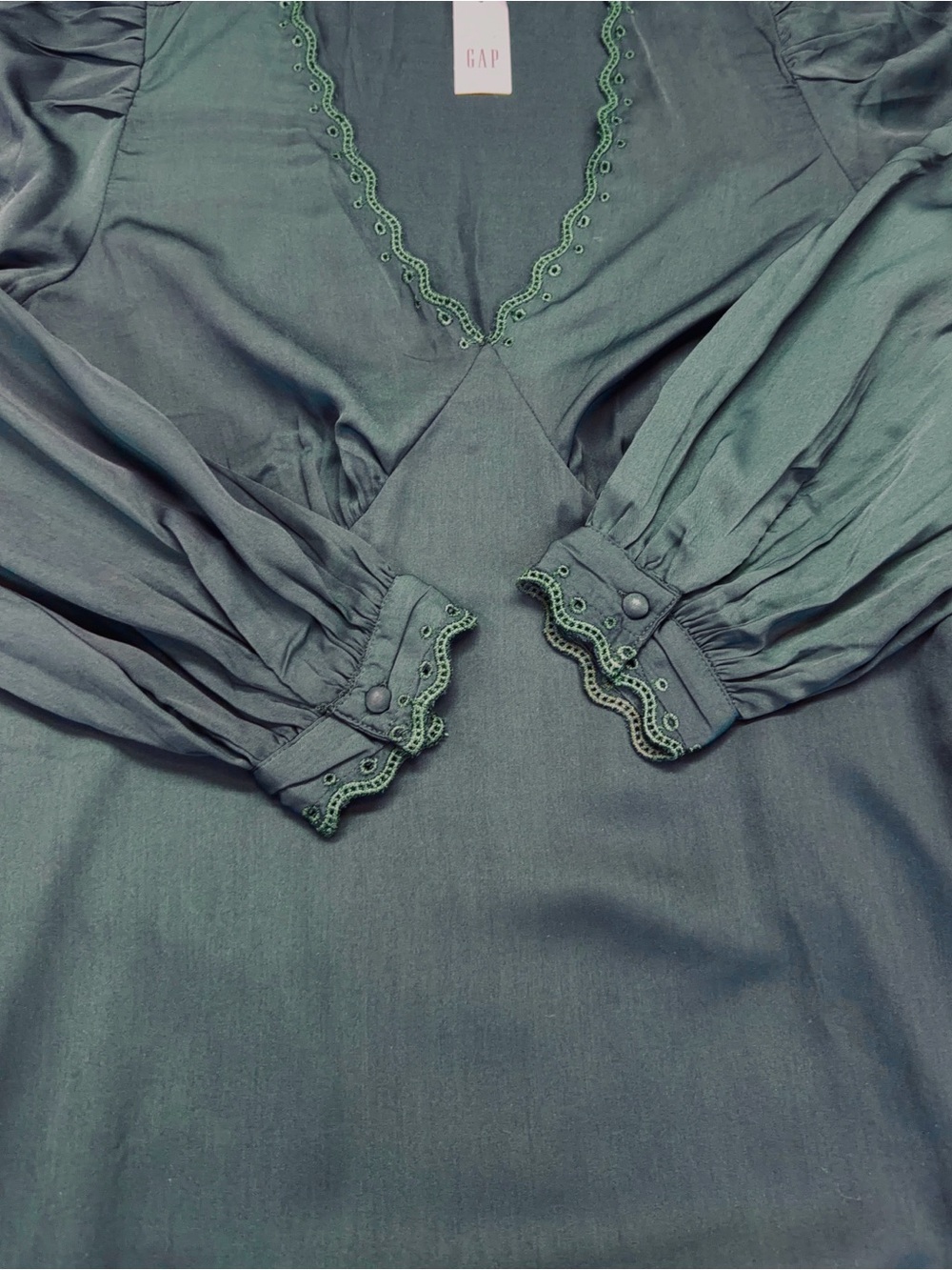 New GAP Women Satin Empire Maxi Dress  Essex Green V neck Long Sleeve M Tall - Picture 6 of 14